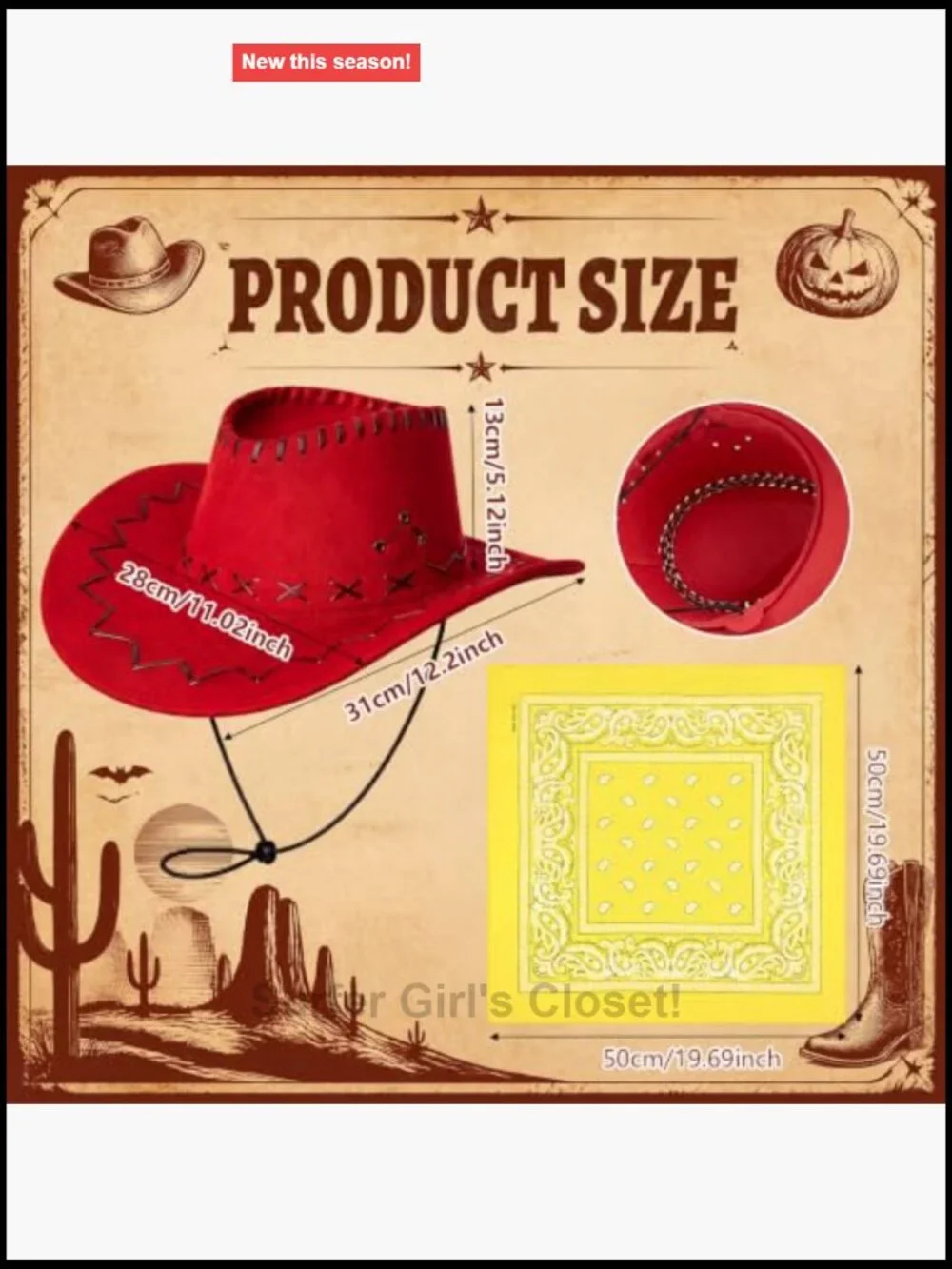 Cowgirl Costume Accessories Set with Red Hat and Paisley Bandana